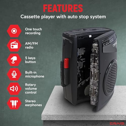 CS2304 Retro Cassette Player & Recorder with AM/FM Radio + Earphones