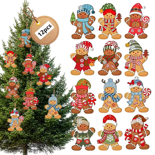 12-Piece Wooden Gingerbread Man Ornaments, Cartoon Christmas Tree Hanging Decorations