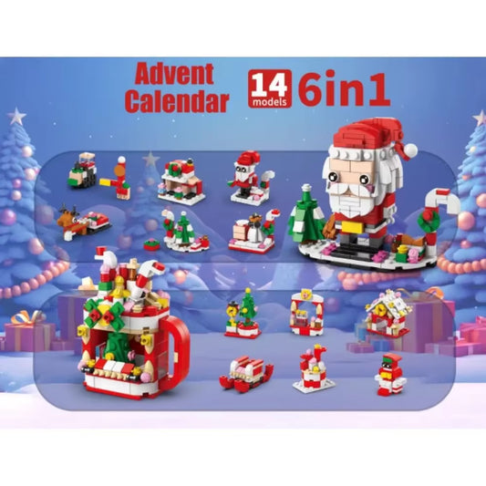 Building blocks advent calendar showing Santa, tree, cottage, and fireplace models