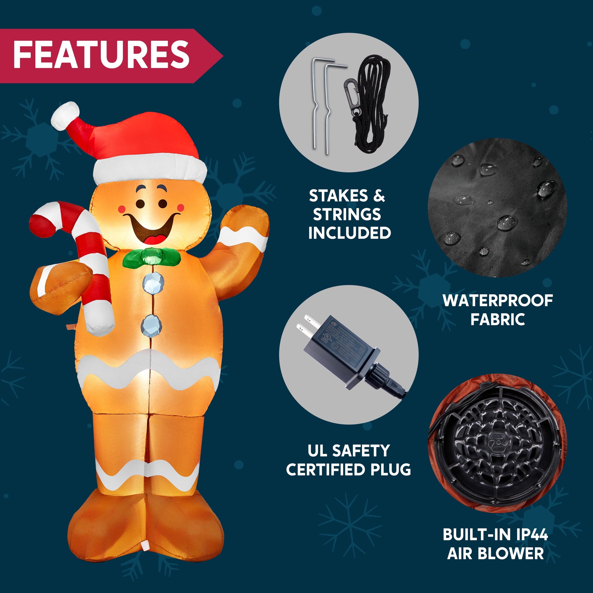 5 FT Gingerbread Man Inflatable with Built-In LED Lights | Charming Outdoor Christmas Decoration for Yard, Garden & Holiday Party