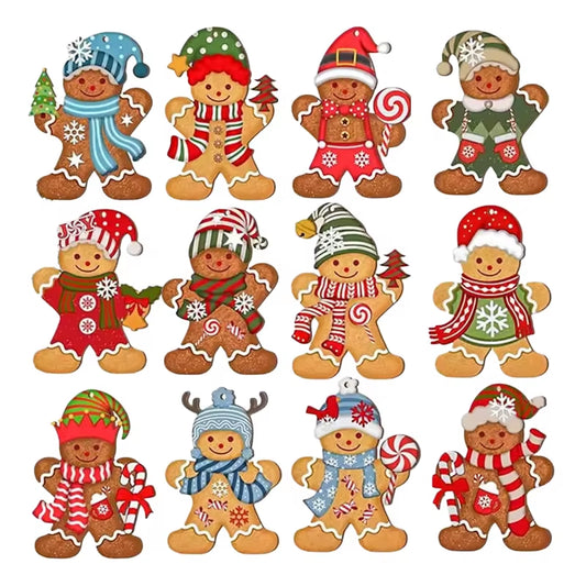 12-Piece Wooden Gingerbread Man Ornaments, Cartoon Christmas Tree Hanging Decorations