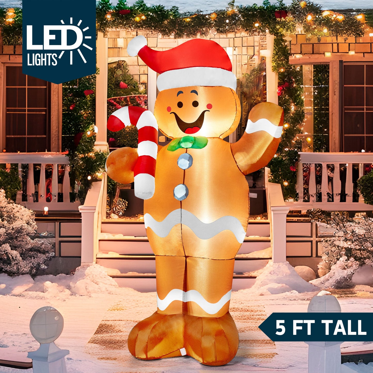 5 FT Gingerbread Man Inflatable with Built-In LED Lights | Charming Outdoor Christmas Decoration for Yard, Garden & Holiday Party