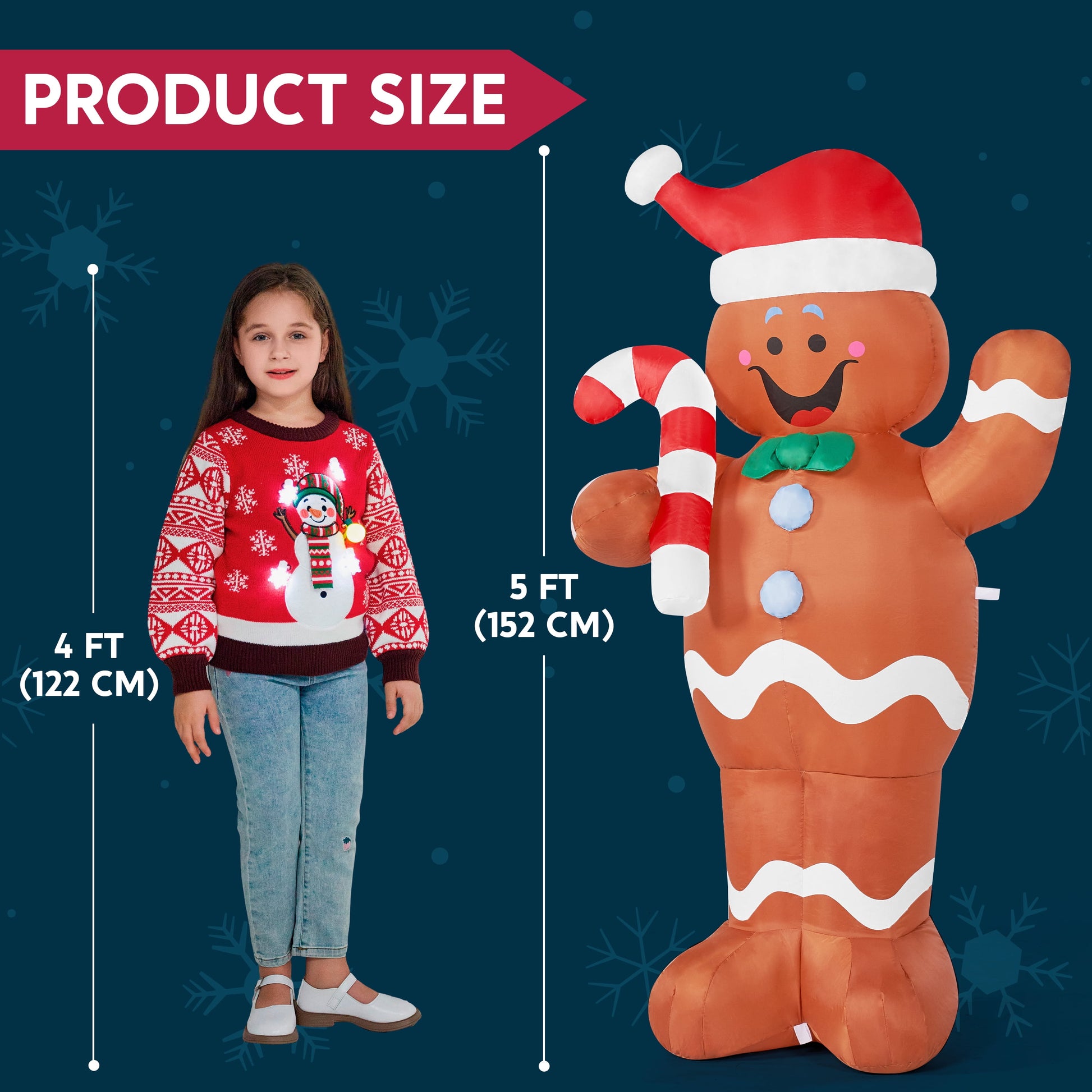 5 FT Gingerbread Man Inflatable with Built-In LED Lights | Charming Outdoor Christmas Decoration for Yard, Garden & Holiday Party