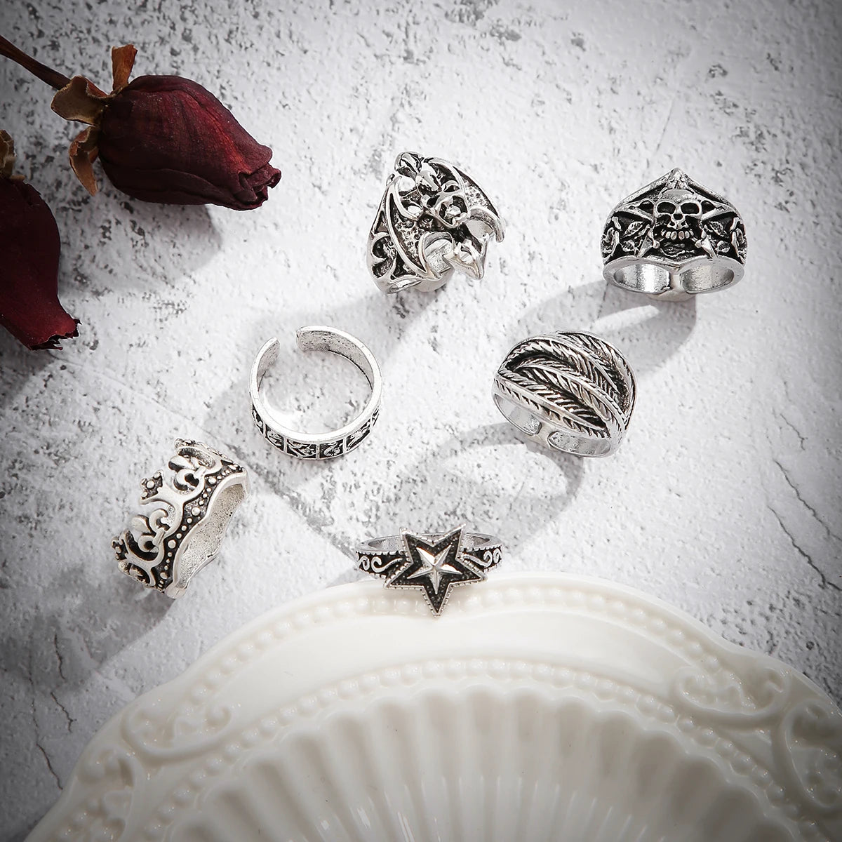 Gothic Halloween Skull Rings Set