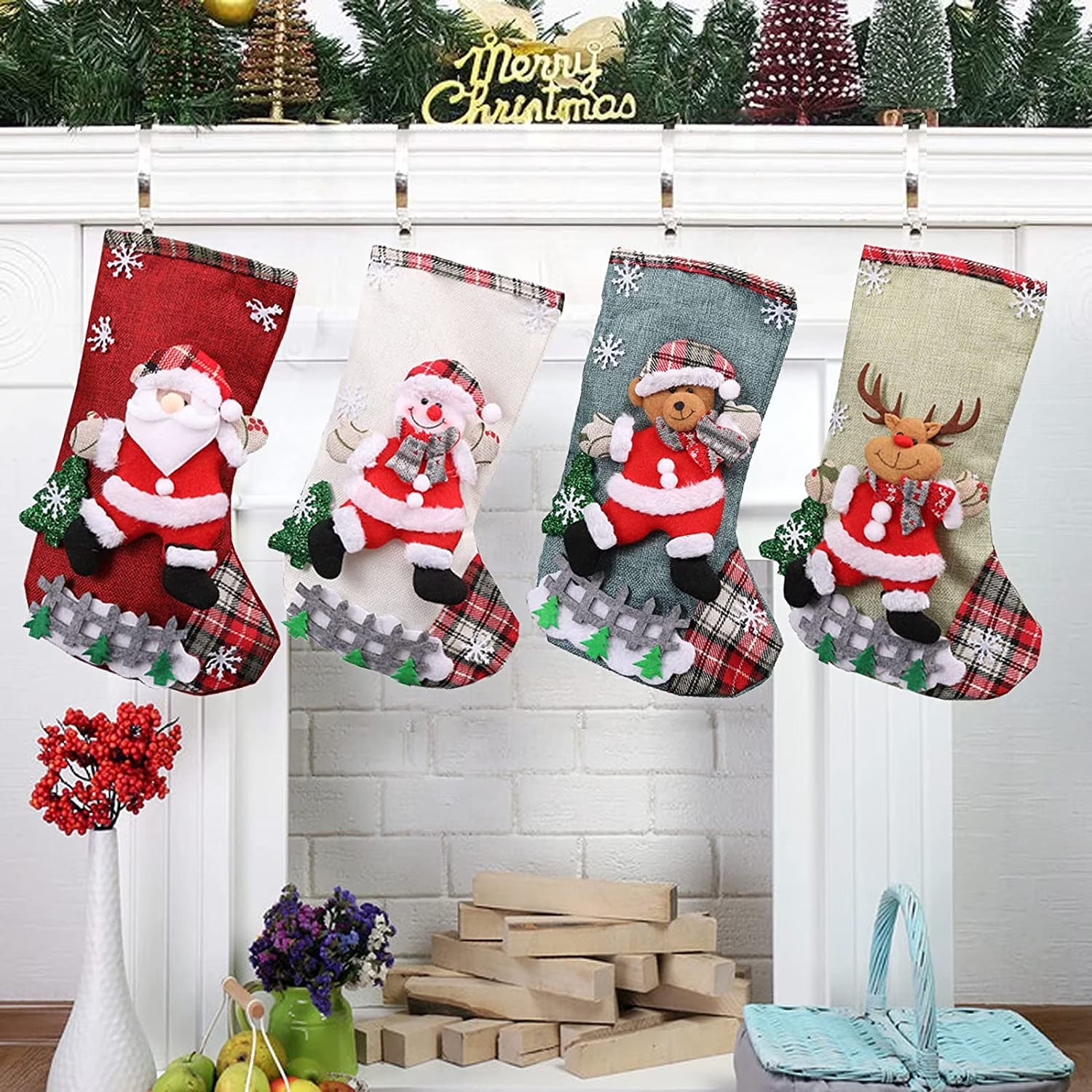 4-Piece 18-Inch Christmas Stockings Set | Personalized Festive Designs for Fireplace, Tree & Holiday Home Decoration