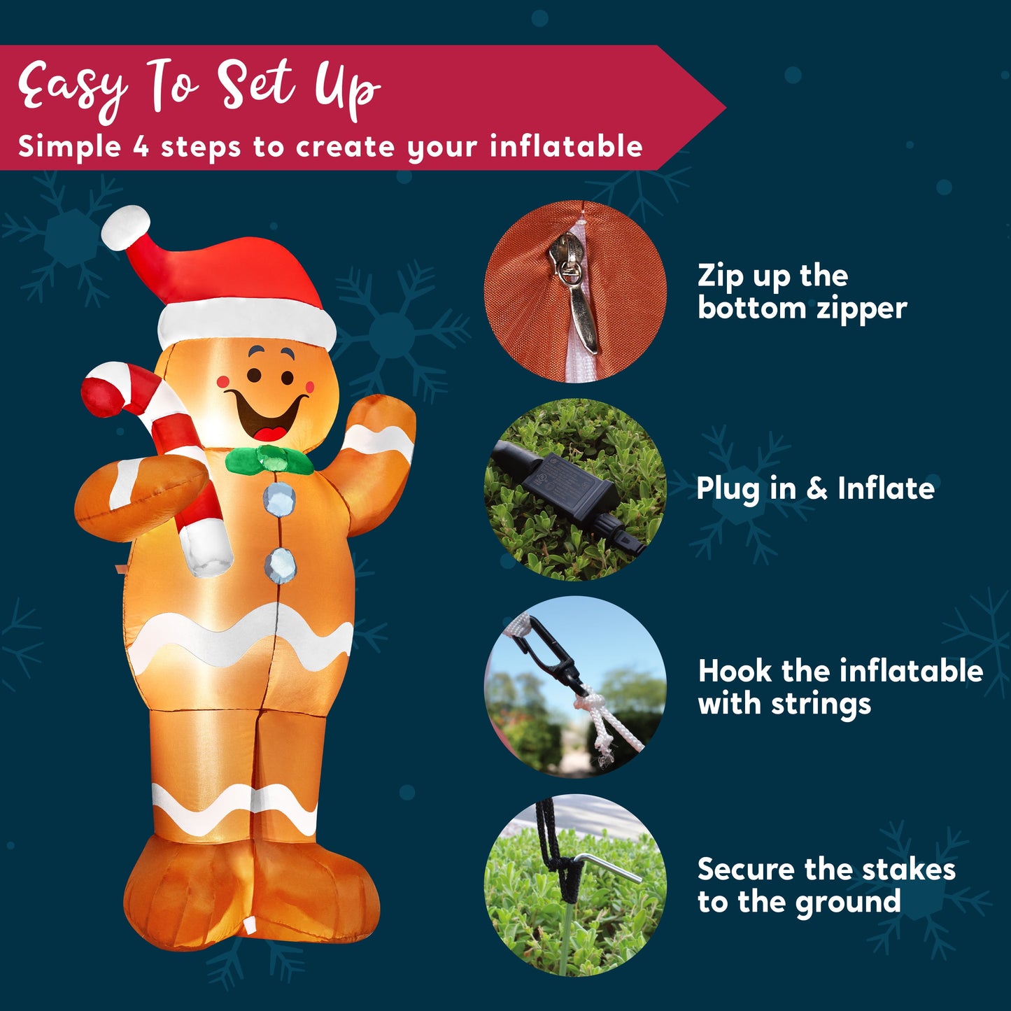5 FT Gingerbread Man Inflatable with Built-In LED Lights | Charming Outdoor Christmas Decoration for Yard, Garden & Holiday Party