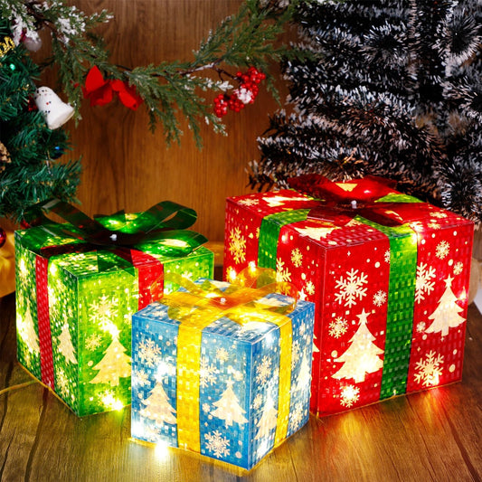3-Pack Pre-Lit Christmas Present Gift Boxes | 60 LED Festive Holiday Decorations with Smart Timer for Home & Yard